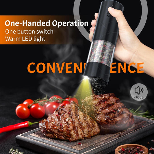 2Pack Electric Salt and Pepper Grinder Set USB Rechargeable with Warm LED Light, Adjustable Coarseness Lidaop Large Capacity Automatic Salt Pepper Mill Shakers for Kitchen, Restaurant, Outdoor, Black