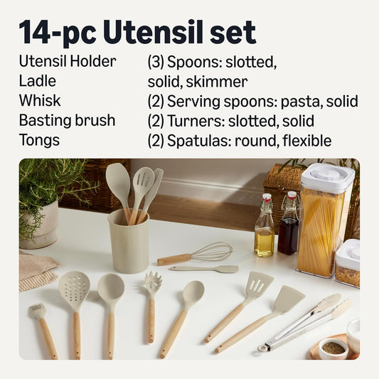 Amazon Basics Silicone Cooking Utensils Set with Wooden Handle, 14-Piece Set, BPA-Free, Utensil Holder Included, Linen Gray
