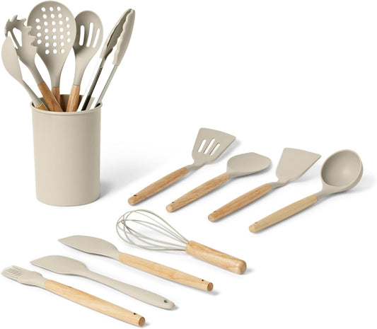 Amazon Basics Silicone Cooking Utensils Set with Wooden Handle, 14-Piece Set, BPA-Free, Utensil Holder Included, Linen Gray
