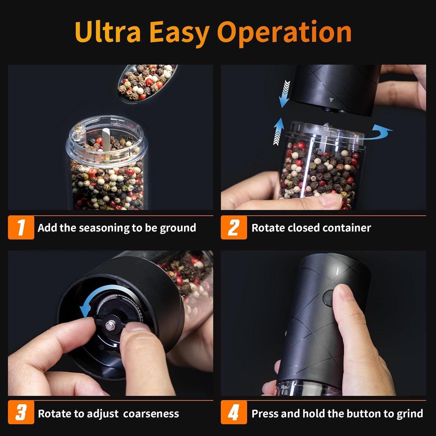 2Pack Electric Salt and Pepper Grinder Set USB Rechargeable with Warm LED Light, Adjustable Coarseness Lidaop Large Capacity Automatic Salt Pepper Mill Shakers for Kitchen, Restaurant, Outdoor, Black