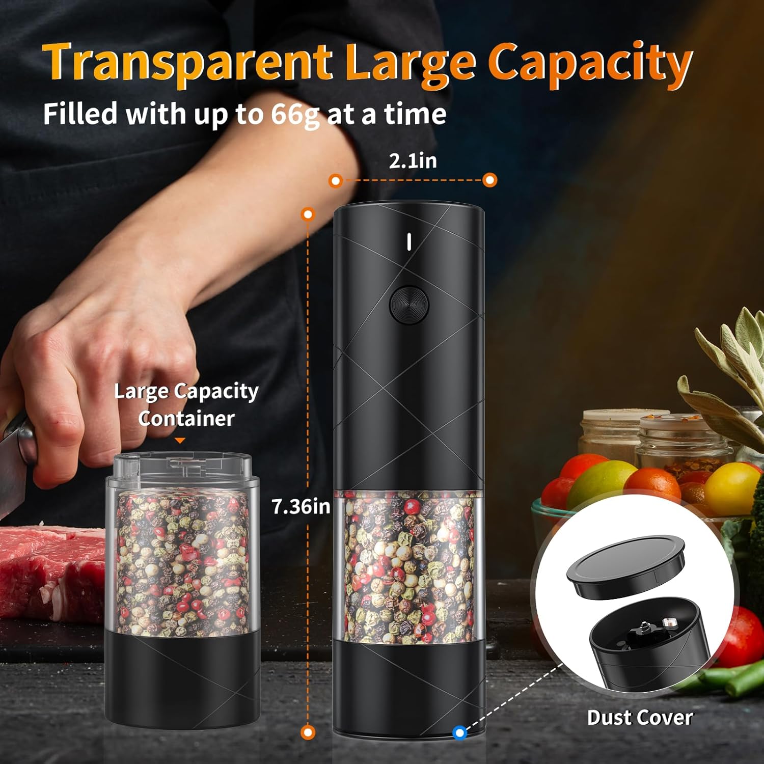 2Pack Electric Salt and Pepper Grinder Set USB Rechargeable with Warm LED Light, Adjustable Coarseness Lidaop Large Capacity Automatic Salt Pepper Mill Shakers for Kitchen, Restaurant, Outdoor, Black