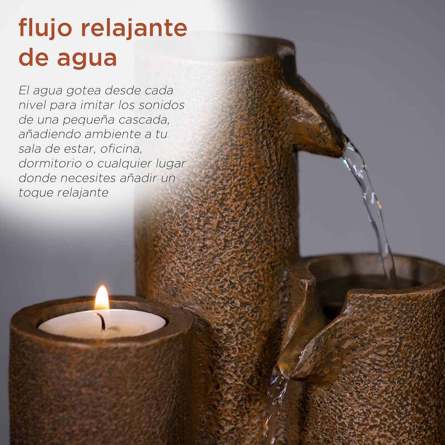 Alpine Corporation WCT202 Indoor Tabletop Tiered Water Fountain Featuring 3 Candles for Desktop and Table, 11", Brown