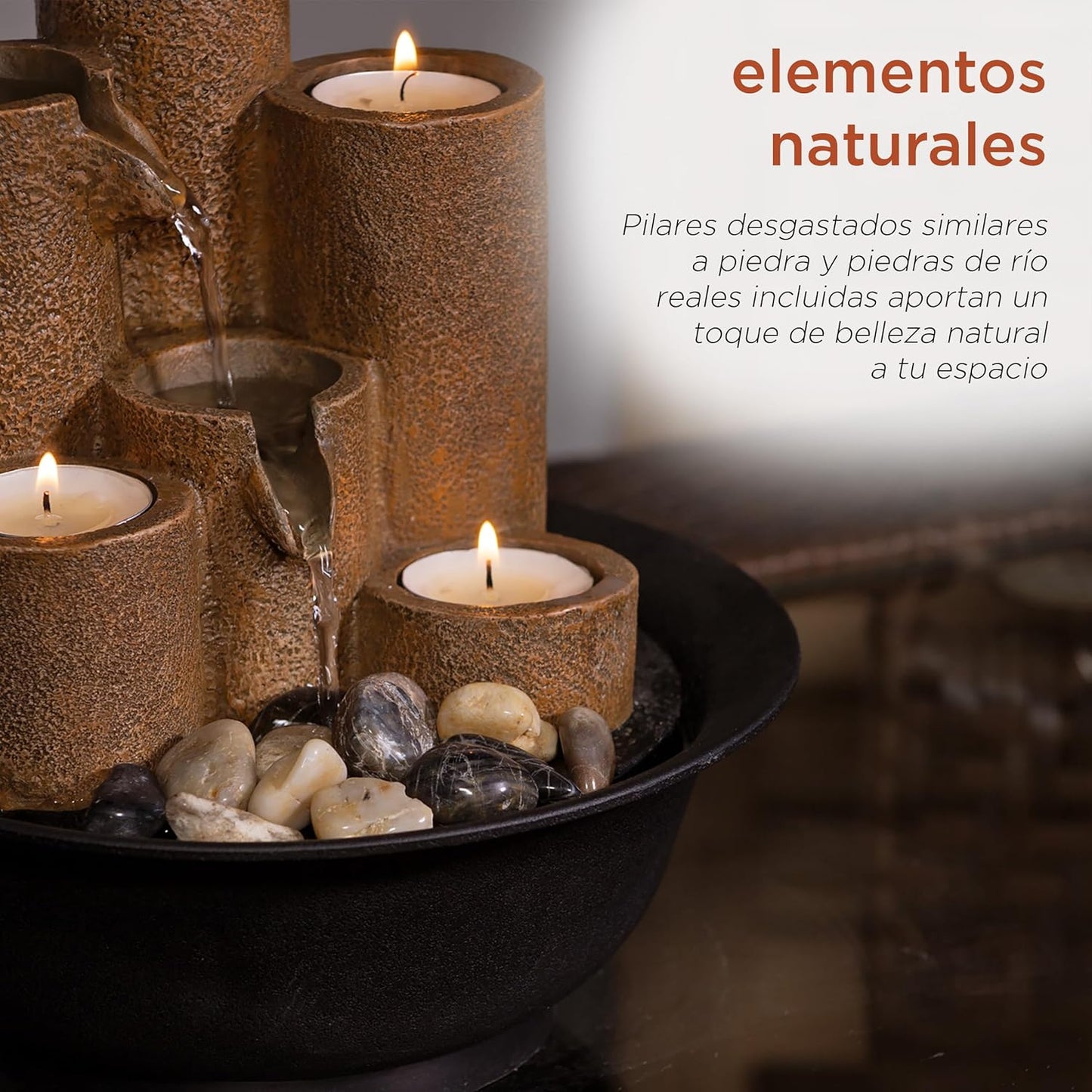 Alpine Corporation WCT202 Indoor Tabletop Tiered Water Fountain Featuring 3 Candles for Desktop and Table, 11", Brown