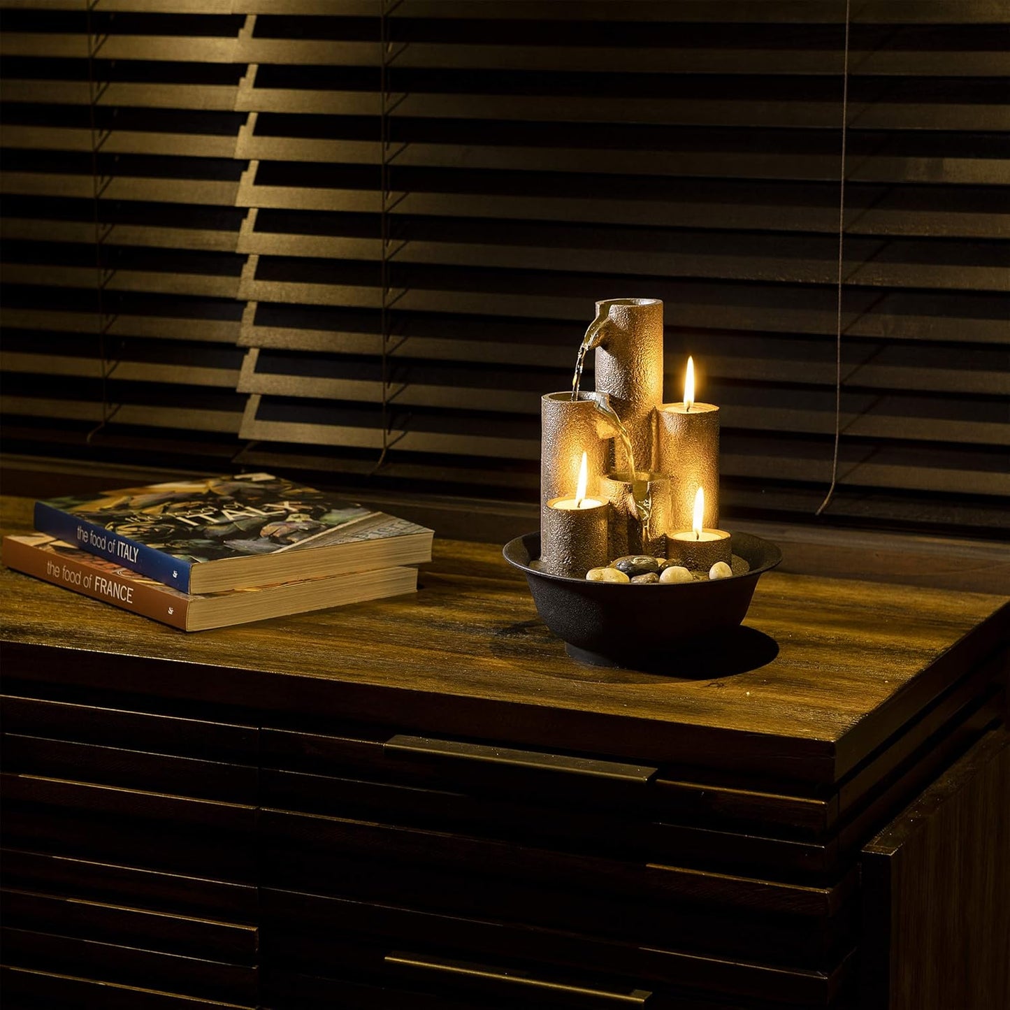 Alpine Corporation WCT202 Indoor Tabletop Tiered Water Fountain Featuring 3 Candles for Desktop and Table, 11", Brown