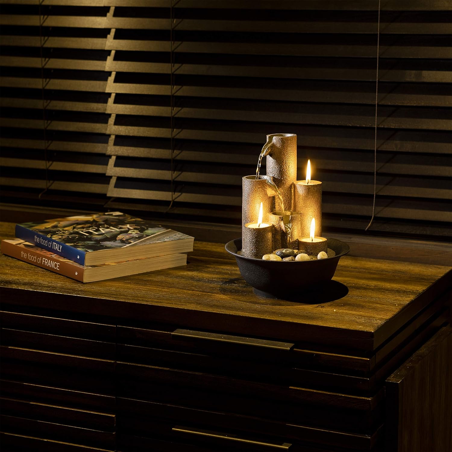 Alpine Corporation WCT202 Indoor Tabletop Tiered Water Fountain Featuring 3 Candles for Desktop and Table, 11", Brown