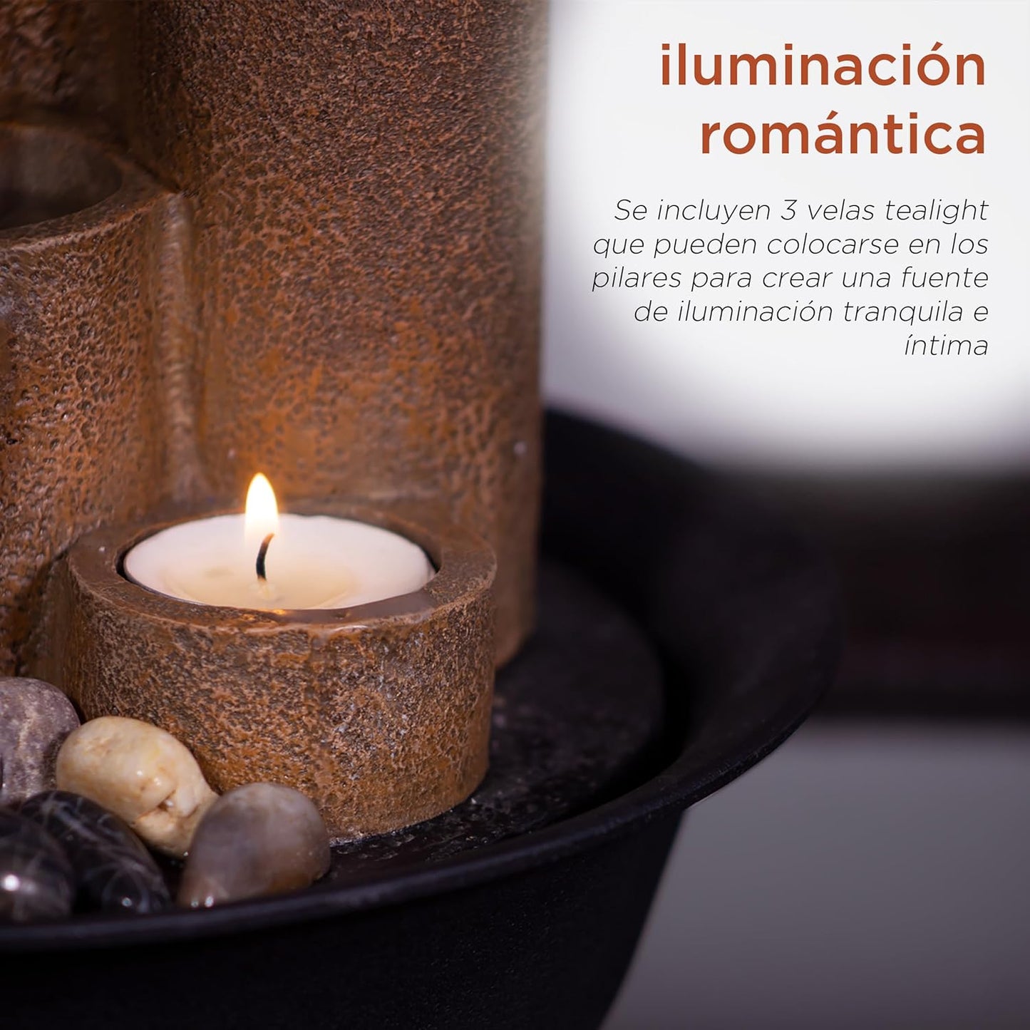 Alpine Corporation WCT202 Indoor Tabletop Tiered Water Fountain Featuring 3 Candles for Desktop and Table, 11", Brown