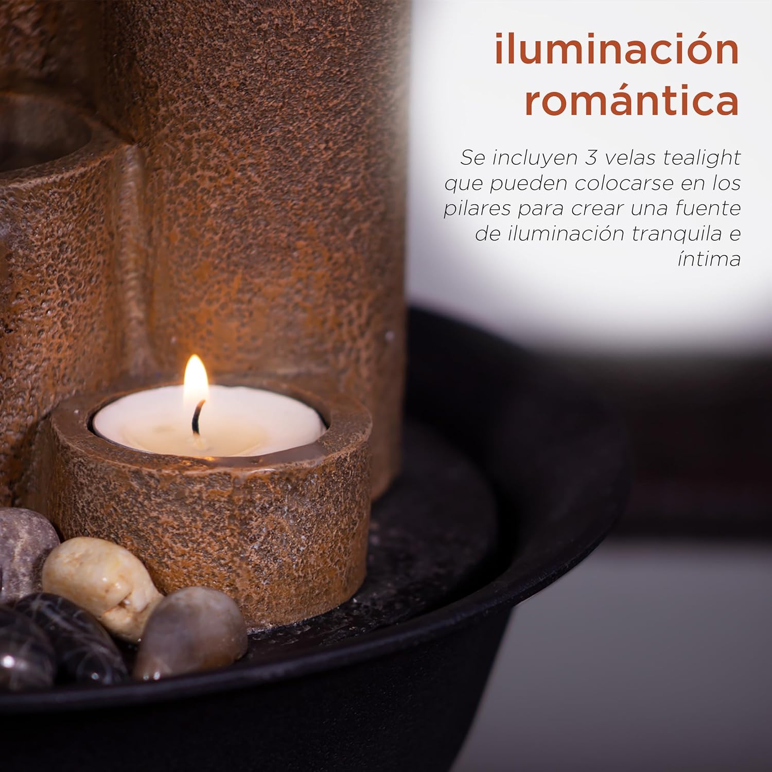 Alpine Corporation WCT202 Indoor Tabletop Tiered Water Fountain Featuring 3 Candles for Desktop and Table, 11", Brown